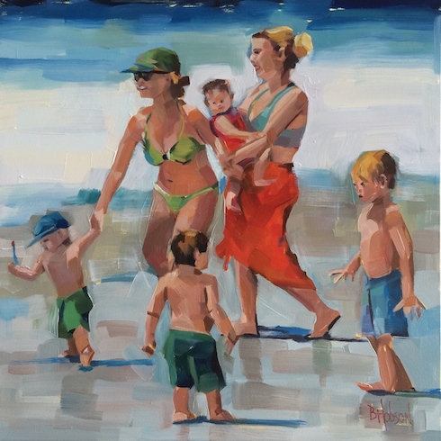 Mamas and Babes at the Beach 10 x 10 inches Original Oil Painting